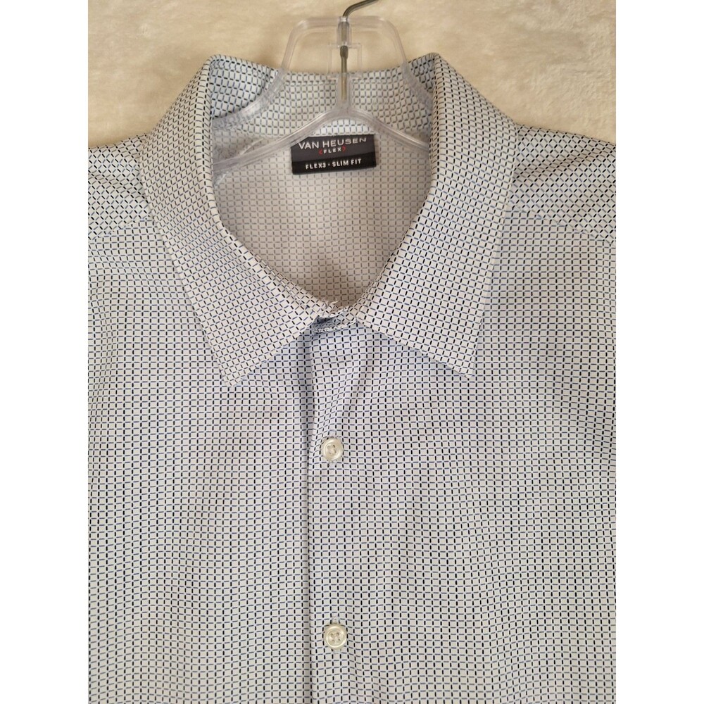 Van Heusen 16-16.5 32/33 Flex3 Slim Fit Men's L Dress Shirt White Blue Print
